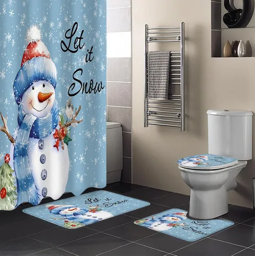 Juego de baño de Navidad con cortina de ducha y accesorios para alfombra, cortina de 36 x 72 pulgadas de largo con tapete de baño pequeño, juego de