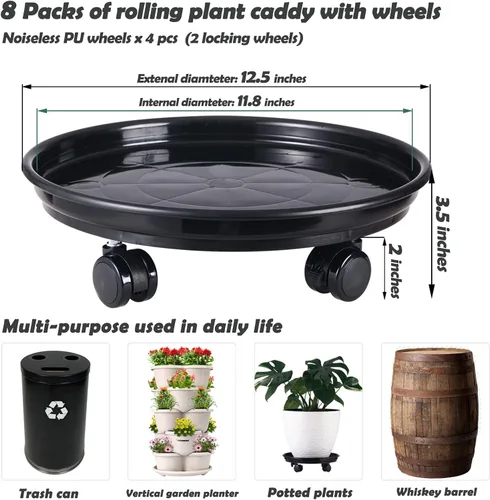 Miniatura 3 de Paquete de 5 organizadores grandes para plantas con ruedas de poliuretano, soportes rodantes de plantas de 12 pulgadas, base de rodillos de plástico