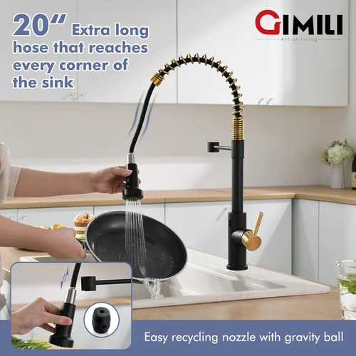 Miniatura 6 de GIMILI Grifo de cocina sin contacto negro y dorado con rociador extraíble, sensor de movimiento, grifo activado manos libres para fregadero de cocina