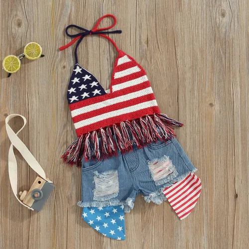 Miniatura 22 de Adobabirl Conjunto de ropa de verano para niña pequeña, sin mangas, acanalada, top halter y pantalones cortos, ropa de moda para niños con cinturón