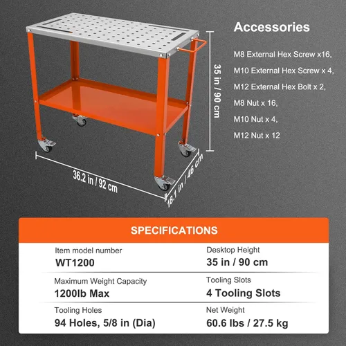Miniatura 7 de VEVOR Mesa de soldadura de 36 x 18 pulgadas, capacidad de carga de 1200 libras, mesa de trabajo de soldadura de acero con ruedas, banco de trabajo