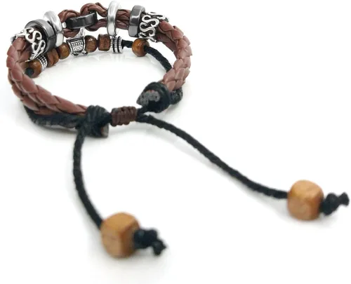 Miniatura 5 de Suyi brazalete ajustable con varias capas, de cuero tejido trenzado con cruz. Pulsera tipo esclava.
