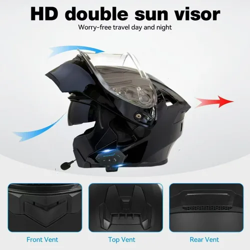 Miniatura 5 de Casco modular Bluetooth para motocicleta, aprobado por DOT, de cara completa con visor abatible, de doble visera, con altavoces duales y micrófono