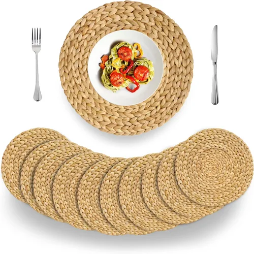 BARIEN Juego de 10 manteles individuales tejidos redondos, tejido de jacinto de agua natural para mesa de comedor, manteles individuales grandes