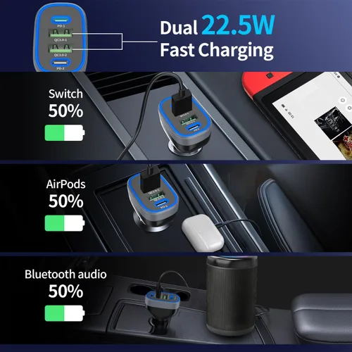 Miniatura 4 de Cargador de coche USB C, Meagoes 4 puertos 90W carga súper rápida, doble 45W USBC y QC3.0 USB 12V adaptador de encendedor de cigarrillos para iPhone