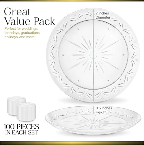 Miniatura 2 de Stock Your Home 100 platos de plástico transparente de alta calidad de 7 pulgadas, platos pequeños para aperitivos, postres y fiestas, platos