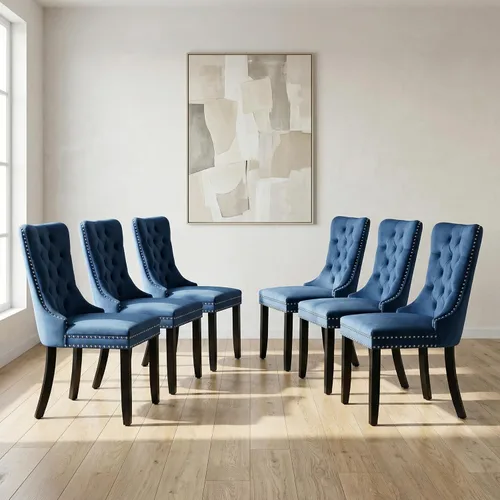 Miniatura 19 de OVENTA Juego de 4 sillas de comedor modernas tapizadas copetudas, terciopelo negro y gris y cuero con patas de madera maciza, sillas de cocina