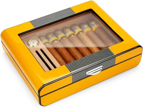 Miniatura 12 de Bald Eagle Humidor de puros, caja superior de vidrio con higrómetro humidificador, caja de madera de cedro de escritorio hecha a mano con capacidad