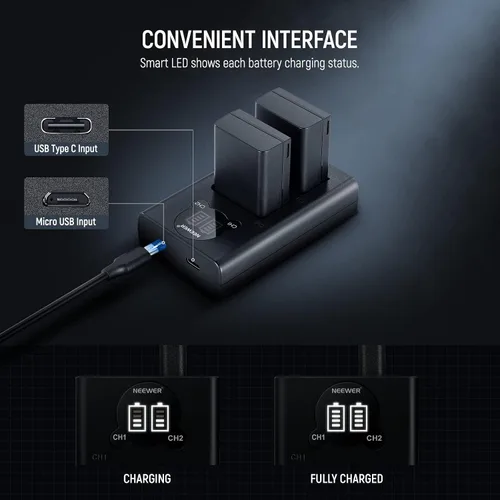 Miniatura 8 de NEEWER Juego de batería de repuesto y cargador para EN-EL25, paquete de 2 baterías de 1350 mAh y cargador USB tipo C de doble canal, compatible
