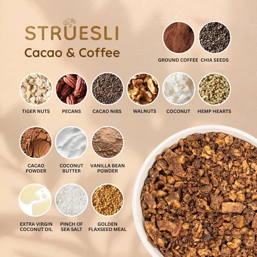 Miniatura 6 de Struesli Cacao + Café Orgánica Granola, Sin Granos y Sin Gluten, Bocadillos Saludables con Cacao, Café, Frutos de Chufa, Nueces Pecanas, Nueces