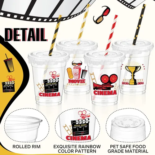 Miniatura 2 de FoldTier 50 piezas de tazas para noche de cine 12 oz Tazas de plástico desechables con pajitas y tapas, tazas transparentes para cine, tazas