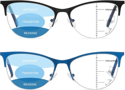 Miniatura 2 de Gafas de lectura multifocales para mujer, progresivas multifocales, luz azul, lector de computadora, ojo de gato, metal, medio marco, sin línea