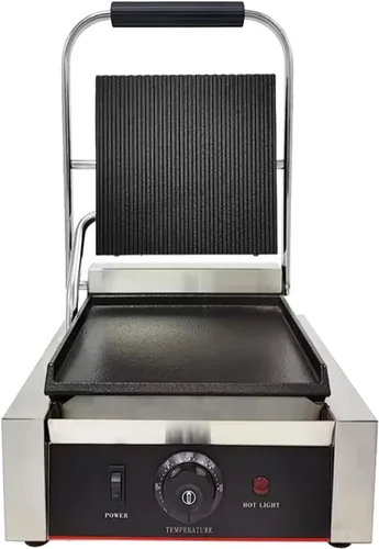 Miniatura 2 de Prensa comercial Panini con parrilla ranurada, máquina para hacer sándwiches, parrilla de contacto eléctrica individual