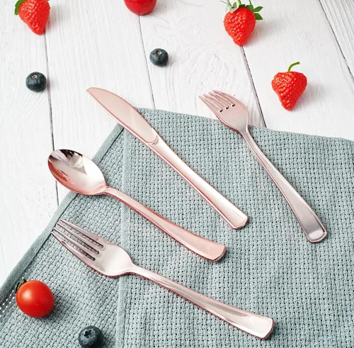 Miniatura 8 de FOCUSLINE Paquete de 300 tenedores desechables de plástico color oro rosa, tenedores de plástico sólido y duradero, cubiertos desechables