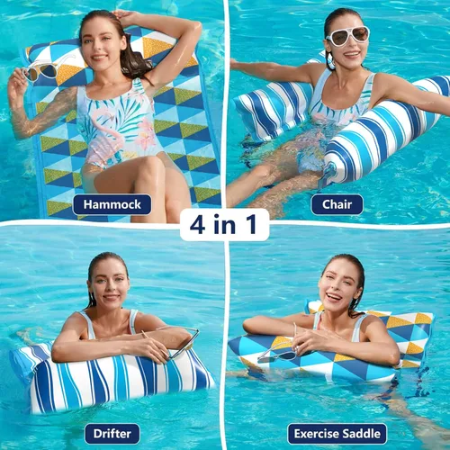 Miniatura 2 de Jasonwell Hamaca de agua flotadores para piscina, paquete de 2 flotadores inflables de tela 4 en 1 (silla de montar, tumbonas flotantes), tumbonas