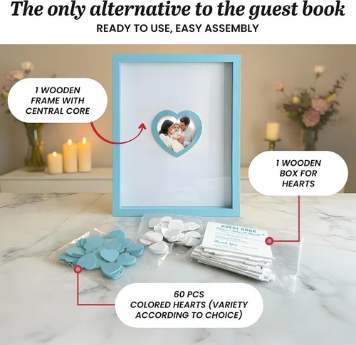 Miniatura 9 de Libro de invitados de boda azul alternativo para recepción con corazones de madera, un marco, decoración de libros, recuerdos para boda, ideas