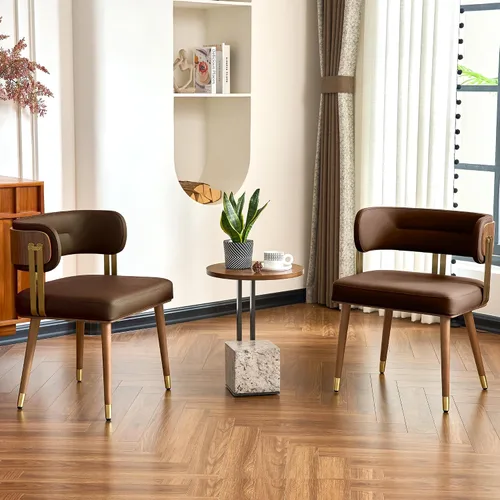 Miniatura 2 de ARTPLAN Mid-Century - Juego de 2 sillas de comedor tapizadas de cuero con chapa de madera de nogal y patas de metal dorado, cojín de espuma de alta