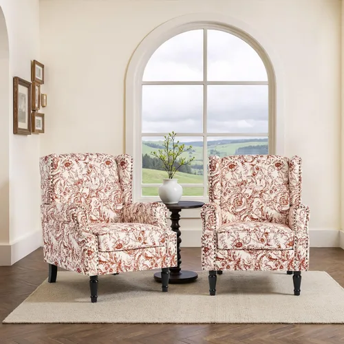 Miniatura 28 de Silla reclinable tapizada, sillón de ala floral con respaldo y reposapiés ajustables, cómoda silla decorativa para leer, sofá individual