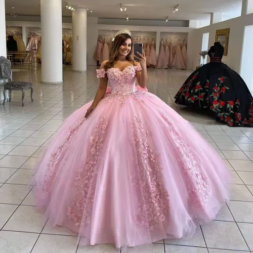 Miniatura 4 de XYAYE Vestidos de quinceañera con hombros descubiertos para mujer, vestido de fiesta hinchado de flores 3D, vestido de fiesta de encaje con cuentas