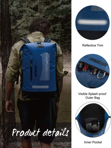 Miniatura 3 de IDRYBAG Mochila impermeable para hombres 20L/30L/40L, bolsa seca flotante para kayak, mochila seca para senderismo Azul
