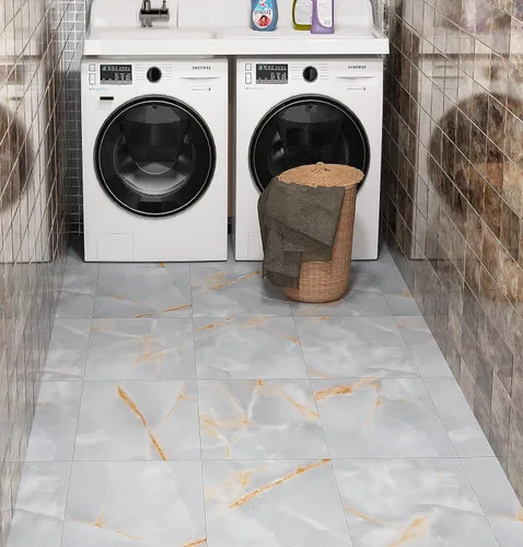 Miniatura 5 de FunStick Azulejos de mármol para baño, 12 x 12 pulgadas, vinilo adhesivo de color gris dorado, azulejos adhesivos para suelos de cocina, inquilinos