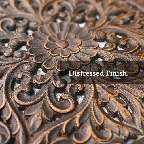 Miniatura 4 de XIAOAIKA Escultura de pared de madera tallada bohemia, intrincado diseño floral de mandala con acabado marrón envejecido, panel de arte de pared