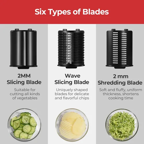 Miniatura 8 de Rallador Eléctrico de Queso, Preparador de Ensaladas con 6 Formas Diferentes de Cuchillas, Rebanadora Trituradora Eléctrica de 250W, Máquina