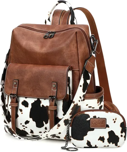 Miniatura 10 de AGLOD Mochila de cuero sintético para mujer, bolsos de viaje de moda para mujer, bolsos de viaje de trabajo de imitación, Beige- negro-marrón