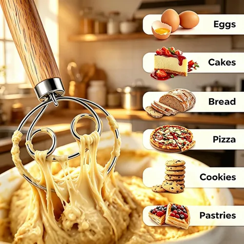 Miniatura 2 de Maxjoy Batidor de masa danesa para hornear pan de masa madre, gancho de acero inoxidable con mango de madera Batidor de masa de 2 ojos