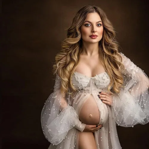 Miniatura 2 de Pearl Tulle Maternity Dress for Photoshoot Long Puffy Sleeve Maternity Photography Gown for Baby Shower Pregnancy Dress