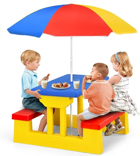 Miniatura 10 de Costzon Mesa de picnic para niños, mesa y banco para interiores y exteriores con paraguas extraíble, mesa de picnic portátil para niños pequeños