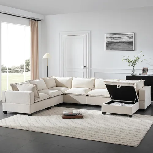 Miniatura 11 de Sofá modular de 103 pulgadas con 2 consolas acrílicas, juego de sofá en forma de U de gran tamaño con cargador USB, cajones de almacenamiento, Beige