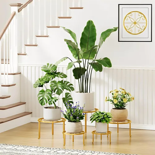 Miniatura 8 de Paquete de 5 soportes para macetas de hierro resistentes a la oxidación para interiores y exteriores, soporte decorativo redondo para flores