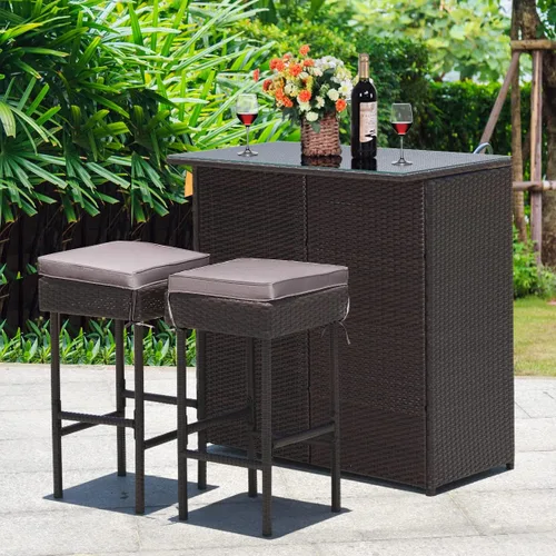 Miniatura 3 de Tangkula - Juego de barra para patio, 3 piezas de mimbre para exteriores, con 2 taburetes con cojines y mesa con cubierta de cristal, color gris
