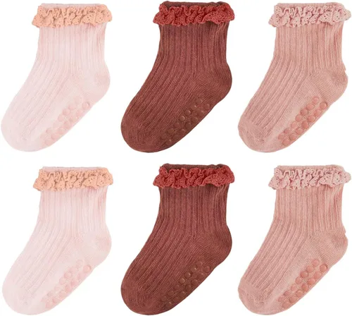 Miniatura 18 de Calcetines de Volantes para Niña Bebé, Calcetines Antideslizantes de Agarre para Niñas, Calcetines de Tobillo Frilly de Algodón Lindos para Niñas