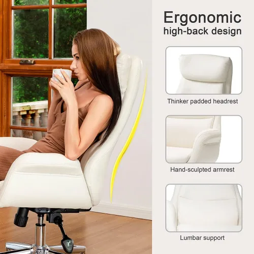 Miniatura 4 de Glitzhome Silla ejecutiva moderna de oficina para el hogar con respaldo alto - Silla de escritorio giratoria ajustable de cuero con apoyabrazos Crema