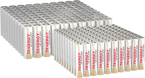 Tenergy Paquete de 200 pilas alcalinas AA y AAA, baterías no recargables de alto rendimiento para relojes, controles remotos, juguetes y