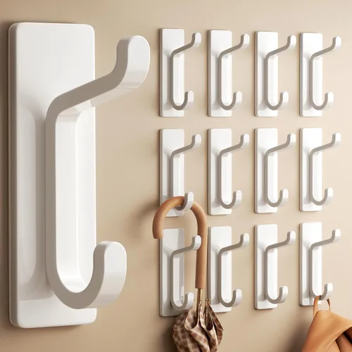 pickpiff Paquete de 12 ganchos de pared para abrigo y toalla: 13LB adhesivo fuerte para colgar puerta, color blanco