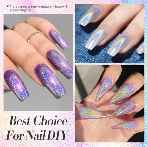 Miniatura 5 de Born Pretty Polvo de Uñas Holográfico Fino Efecto Arco Iris Iridescente Multi Cromo para Manicura en Polvo de Pigmento Holográfico para Salón, Arte