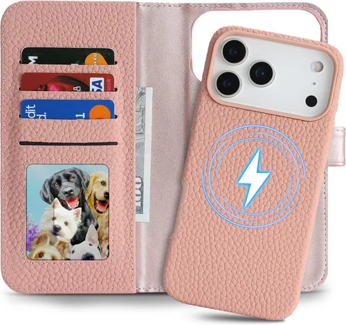 Miniatura 22 de Funda desmontable de piel auténtica para iPhone 13/14, funda magnética 2 en 1 extraíble, soporte de carga MagSafe, función de soporte para tarjetas