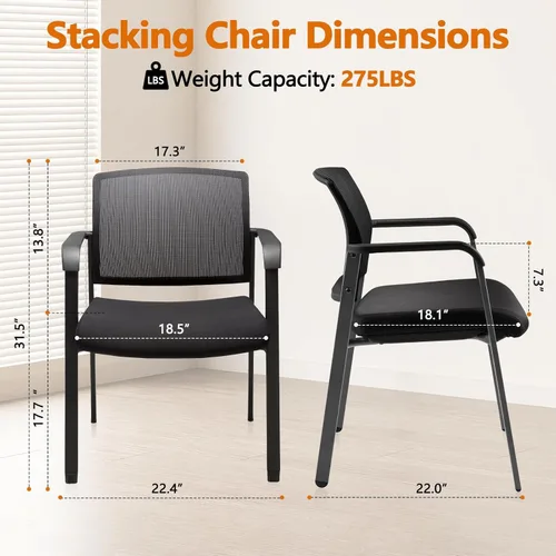Miniatura 3 de CLATINA Sillas de oficina apilables para recepción de invitados con brazo, silla de sala de espera con respaldo de malla con asiento de tela Negro