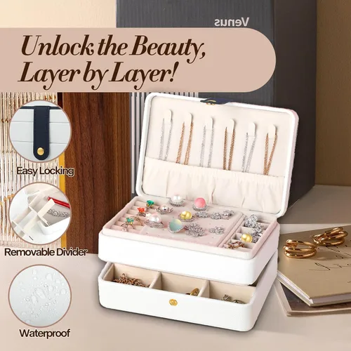 Miniatura 7 de coobest Joyero, organizador de joyas de 2 capas con organizador de aretes de terciopelo, organizador de joyas de viaje, pequeñas cajas de joyería