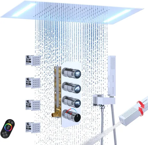 Miniatura 18 de Enga Sistema de cabezal de ducha doble, cabezal de ducha LED de lluvia de 14 x 20 pulgadas con cabezal de pared de 6 pulgadas, juego de grifo de Oro