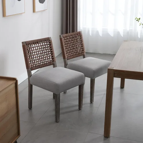 Miniatura 4 de LZAREAL Juego de 4 sillas de comedor estilo granja tapizadas de tela de lino, sillas de cocina y comedor modernas de mediados de siglo con respaldo