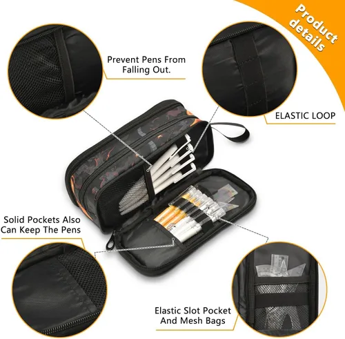 Miniatura 4 de Nylon Niñas Lápiz Bolsa Metal Máquina Fuego Negro Oscuro Gran Capacidad Arte Lápiz Estuche Escuela Papelería para la Escuela Secundaria Adolescente