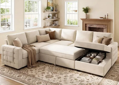 HONBAY Sofá seccional con cama extraíble, sofá cama seccional con almacenamiento, sofás en forma de U para sala de estar, terciopelo beige
