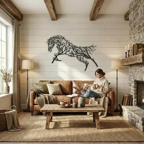 Miniatura 4 de Arte de pared de metal, decoración geométrica de caballo y árbol, decoración de oficina en casa, entrada, dormitorio, sala de estar, colgar