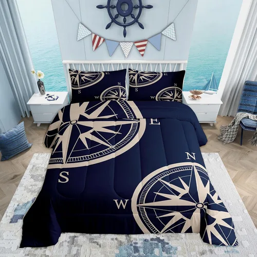 Miniatura 33 de Juego de edredón de brújula azul marino, tamaño individual, 2 piezas, diseño náutico de vela, estilo simple, para niños, adolescentes, adultos