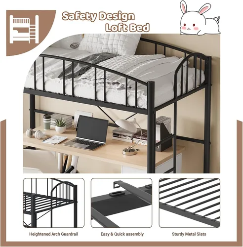 Miniatura 4 de GAOMON Cama alta tamaño individual con peldaño de escalera plana, barandilla de seguridad arqueada, marco de cama de metal alto, soporte de listones