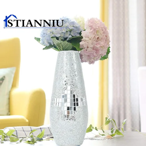 Miniatura 3 de Florero decorativo brillante, impresionante mosaico hecho a mano, decoración de la casa, centros de mesa, decoración moderna de habitación (plateado)